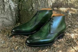 Handmade Men&#39;s Green Genuine Leather Chukka boots,Men Dress Lace Up Chukka Boots - £100.61 GBP