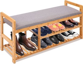 2 In 1 Bamboo Shoe Rack Bench With Storage And Cushion Seat, 3 Tier Small - £52.88 GBP
