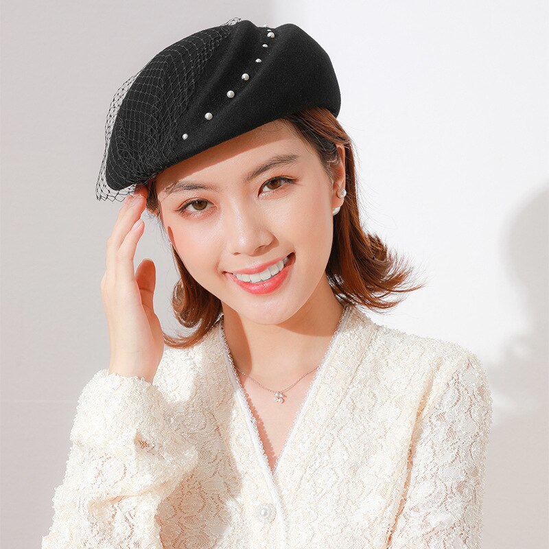 Pure  Beret Hats For Women  Winter Black Felt Hat Fedoras Fascinator Elegant Pil - $87.49