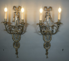 Huge Royal Louis XVI Bronze Ornate Ribbon Knot Wired Pair of Sconce Appl... - $1,354.01 CAD