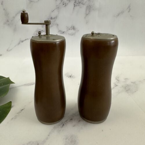 Primary image for Vintage Made in Japan Dark Wood Salt Pepper Shaker Set Grinder 60s 70s Silver