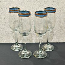 4 Champagne Flutes Blue Braided Band Clear Gold Rim MCM Barware *One Sma... - $28.74