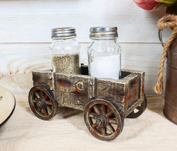 Vintage Old Fashioned Faux Wood Rustic Wagon Cart Salt Pepper Shakers Holder Set - £20.33 GBP