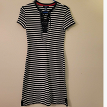 Chaps Navy and White Striped V-Neck with Lace Up Dress-Small  - £11.05 GBP