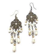 Dangling Metal Bronze Tone Floral Earrings with Hanging White Weights - $14.92 CAD