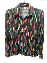 VTG 1970s Miss K Op Art Mod Nylon Disco Shirt Black Colorful Print Sz 38... - $1,575.42 MXN
