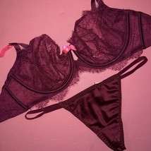 Victoria&#39;s Secret unlined 34C,36C BRA SET O/S thong burgundy Maroon Red Pink Bow - £54.57 GBP