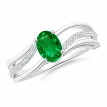 ANGARA 7x5mm Natural Emerald Solitaire Ring with Diamond Accents in Silver - £275.11 GBP+