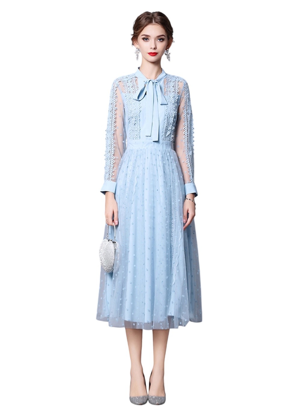 Kate Middleton Inspired Baby-blue Pussy Bow Embroidered Tulle Flare Dress oz - Polyester - Regular 8 - Blue/Red Kate Middleton Inspired Baby-blue Pussy Bow Embroidered Tulle Flare Dress oz - Polyester - Regular 8 - Blue/Red