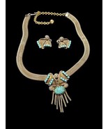 Hobe Gold Tone Mesh Mottled Turquoise Cabochon Necklace Earrings VTG Uns... - $158.39