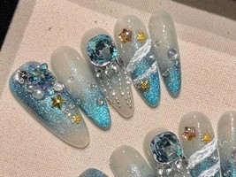 Celestial Galaxy Blue Press On Nails with 3D Jewels and Stars Manicure g... - $506.54 MXN