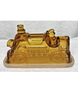 Vintage Amber Glass Stanley Steamer Vehicle Candy Bank Container w Rubbe... - $49.01