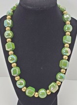 Vtg Lustrous Ceramic Green Brass Bead Beaded Chunky Heavy Necklace Boho ... - £38.06 GBP