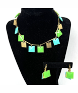 Vintage Necklace &amp; Earring Set Statement Geometric Square Gold Turquoise... - €54,86 EUR