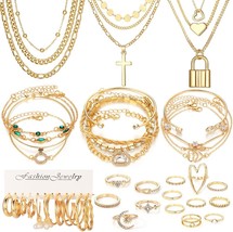 50 PCS Gold Jewelry Set for Women Girls Dainty Dangle Earrings Stackable Ring Mu - £31.18 GBP