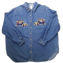 Just My Size Denim Top Womens Size 18W 20W Fall Embroidered Blue Cotton Shirt - $15.34