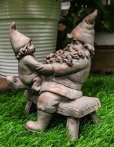Family Bonding Papa Gnome With Baby Gnome Sitting On Wooden Stool Garden... - $457.58 MXN