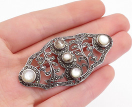 925 Silver - Vintage Victorian Mother Of Pearl &amp; Marcasite Brooch Pin - BP1778 - £43.95 GBP