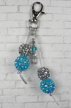 Rhinestone Ball Crystal Aqua Silver Satin Cord Keychain Purse Charm Hand... - £13.23 GBP
