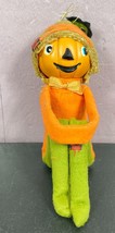 Pumpkin Knee Hugger Scarecrow w/ black owl Halloween Japan Vintage Pixie Sitter - £96.91 GBP