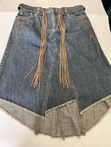 DKNY Jeans Retro Raw Hem Denim Embroidered Belted Skirt Size 6 - $34.65