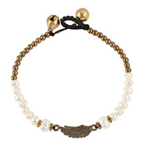 Stylish Wing Charm Freshwater Pearls and Brass Beads Jingle Bell Bracelet - £8.71 GBP