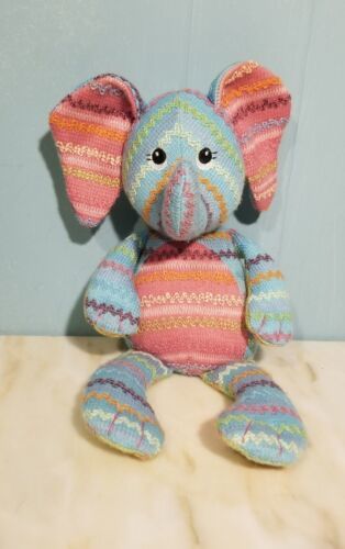 Primary image for Mary Meyer Knit Plush Elephant Blue Lime Green Zigzag Embroidered Eyes 14”