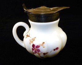 Antique Milk Glass Syrup Pitcher, Hand Painted Floral Pattern, Rim Damage, #SP02 - £61.48 GBP