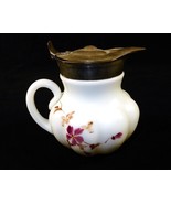 Antique Milk Glass Syrup Pitcher, Hand Painted Floral Pattern, Rim Damag... - $78.35