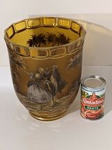 1950 West Germany Painted Colonial Figures Amber Crystal Vase Signed 8 inch - $206.50