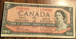 1954 BANK OF CANADA TWO DOLLARS 2$ BANK NOTE - $9.25