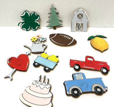 Vintage Lot of 11 Handpainted Wooden Magnets Holidays Vehicles Sports Fruit - £9.73 GBP
