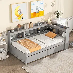 Twin Size Platform Bed With L-Shaped Side Bookcase And 2 Drawers - Wood ... - $746.99