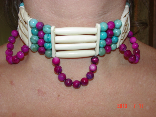 Handmade Bone Choker Necklace w/Turquoise & Pink Iridescent River Shell Beads - $49.99