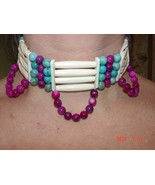 Handmade Bone Choker Necklace w/Turquoise & Pink Iridescent River Shell Beads - $49.99