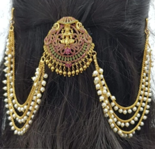 Indian Bridal Bollywood Style Gold Plated Hair Pin Juda Clip Temple Jewelry Set - £61.07 GBP