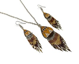 Tribal Pattern Large Teardrop Shaped Ceramic Long Beaded Metal Dangle Earrings w - £17.40 GBP