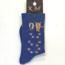 K Bell Socks Women size 9 to 11 Cats Walking Paw Prints Blue 61316 Crew ST - $12.49