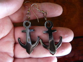 (EE-354) Nautical Black hematite ship anchor silver wire dangle pair EARRINGS - £7.58 GBP