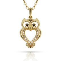 14k Yellow Gold OWL Pendant Black &amp; White Sapphire Jewelry Necklace Chain - £100.84 GBP
