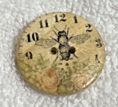 Sweet Wood Clockface w Honeybee Bee &amp; Flowers Button 1 1/8 Printed Painted - $6.44