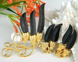 Vintage Wood Brooch Pin Earrings Demi Parure Set Gold Black Flowers - $24.95