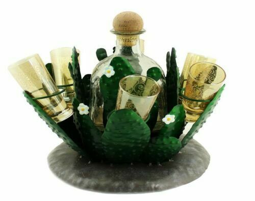 Ebros Cactus Whisky Liquor Hand Made Metal Bottle And Shot Glass Holder 8.25"H