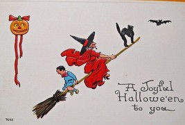  Halloween Postcard Fantasy Red Dress Witch Black Cat Vampire Bat Bergman 7035 - $42.75