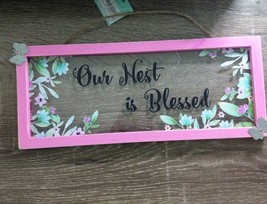 Our Nest Is Blessed Wood Framed Sign-12&quot;x5&quot;- Pink Distressed With Flower... - $14.73