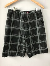 Quiksilver Mens Flat Front Casual Shorts sz 28 Black Plaid Spellout on Back - $19.51