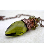 Olive Navette Swarovski Cystal Pendant and Antique Copper Necklace, Wire Wrapped - £37.07 GBP