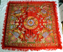 Vintage Silk Brocaded Flowers China Tapestry or Table Cloth Vivid Colors  - £139.71 GBP