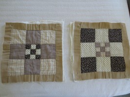 Pair TAN/BROWN PATCHWORK Quilted PILLOW TOPS w/Batting &amp; Backing - 14.5&quot;... - £19.66 GBP