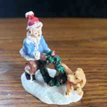 Mini Christmas Village Accessory Boy and Dog with Wreath Resin 1 5/8 &quot; Tall - £5.52 GBP
